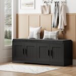 2-Tier Storage Bench, Shoe Bench with Thickened Padded Seat Cushion, Entryway Bench with 4 Doors, Adjustable Shelf, 13.8" D x 45.3" W x 18.5" H, for Entryway, Living Room, Bedroom, Black - Image 2
