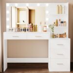 Rovaurx 46.7" Makeup Vanity Table with Lighted Mirror, Large Vanity Desk with Storage Shelf & 5 Drawers, Bedroom Dressing Table, 11 LED Lights, White - Image 2