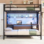 DICTAC Full Over Twin Bunk Bed with Desk and Charging Station Metal Full Size Over Twin Loft Bed with Led Lights & Storage Shelves and Drawers for Teen,Safety Guard & Stairs,No Box Spring Needed,Black - Image 4