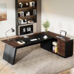 Tribesigns 78" L-Shaped Executive Desk, Large Office Desk with Drawers and Lateral File Cabinet, Business Furniture with Storage Shelves, Modern Computer Desk for Home Office, Walnut & Black - Image 6