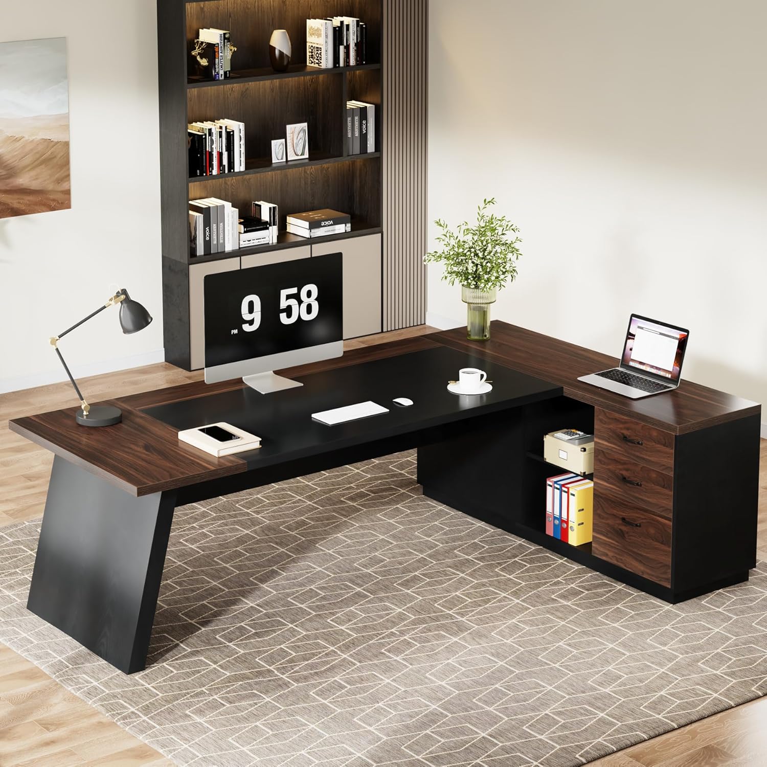 81F9-CnDjNL._AC_SL1500_.jpg Tribesigns 78" L-Shaped Executive Desk, Large Office Desk with Drawers and Lateral File Cabinet, Business Furniture with Storage Shelves, Modern Computer Desk for Home Office, Walnut & Black - Image 6