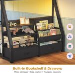 ADORNEVE Low Bunk Bed Twin Over Twin with Storage Bookshelves, 2 Drawers & Power Outlet, LED Metal Floor Bunk with Full-Length Guardrail & Metal Slats, No Box Spring Needed, for Kids, Black - Image 4