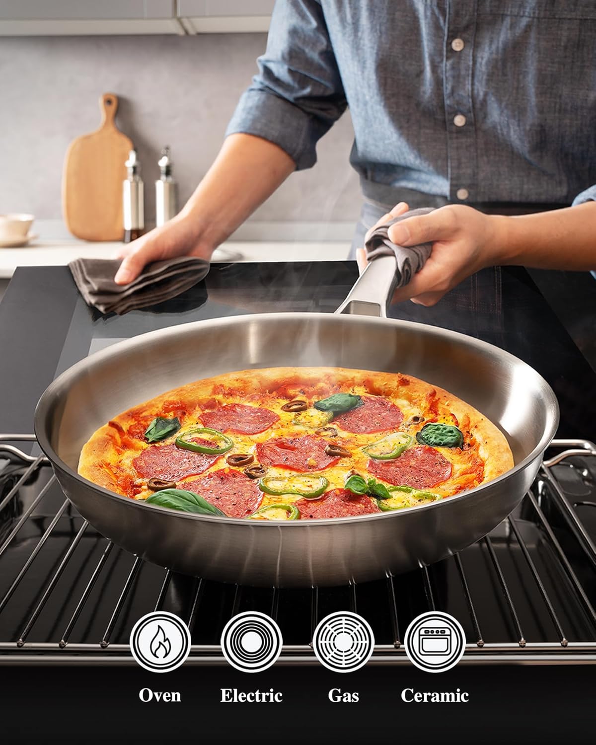81KT5hm12zL._AC_SL1500_.jpg 12 inch Tri-Ply Stainless Steel Frying Pan with LID,PFOA&PTFE Free Skillets,Chef's Pans,Dishwasher and Oven Safe Cookware, Works on Induction,Ceramic and Gas Cooktops - Image 4