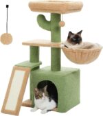 PETEPELA Cactus Cat Tree for Indoor Cats, 32'' Small Cat Tower Cat Condo with Sisal Scratching Ramp, Cozy Hammock and Removable Top Bed Perch for Kittens, Green - Image 2