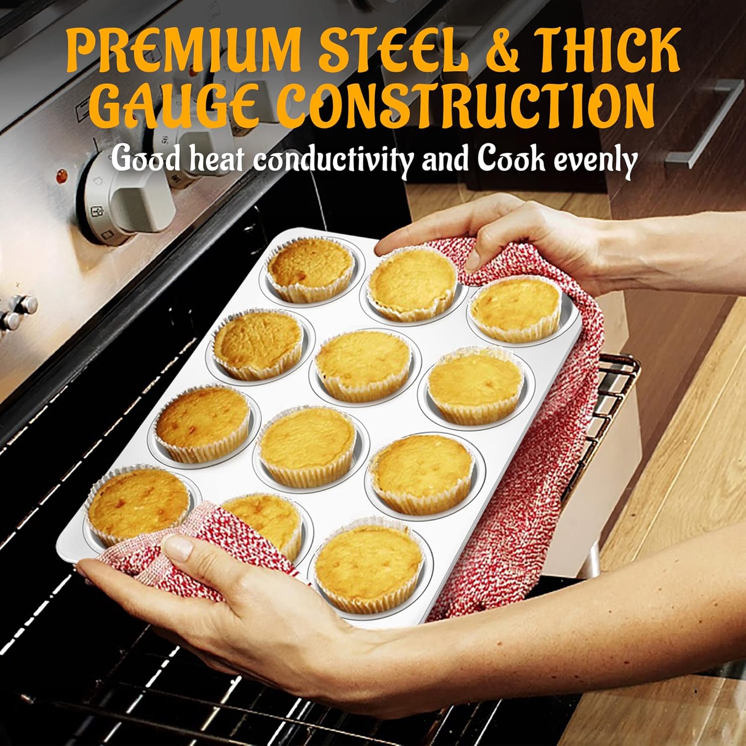 81LCKkn55EL._AC_SL1500_.jpg E-far Muffin Pan 12-Cup, Set of 2, Stainless Steel Cupcake Pan Metal Muffin Baking Tins for Oven, Regular Size & Easy Clean, Non-toxic & Dishwasher Safe - Image 3
