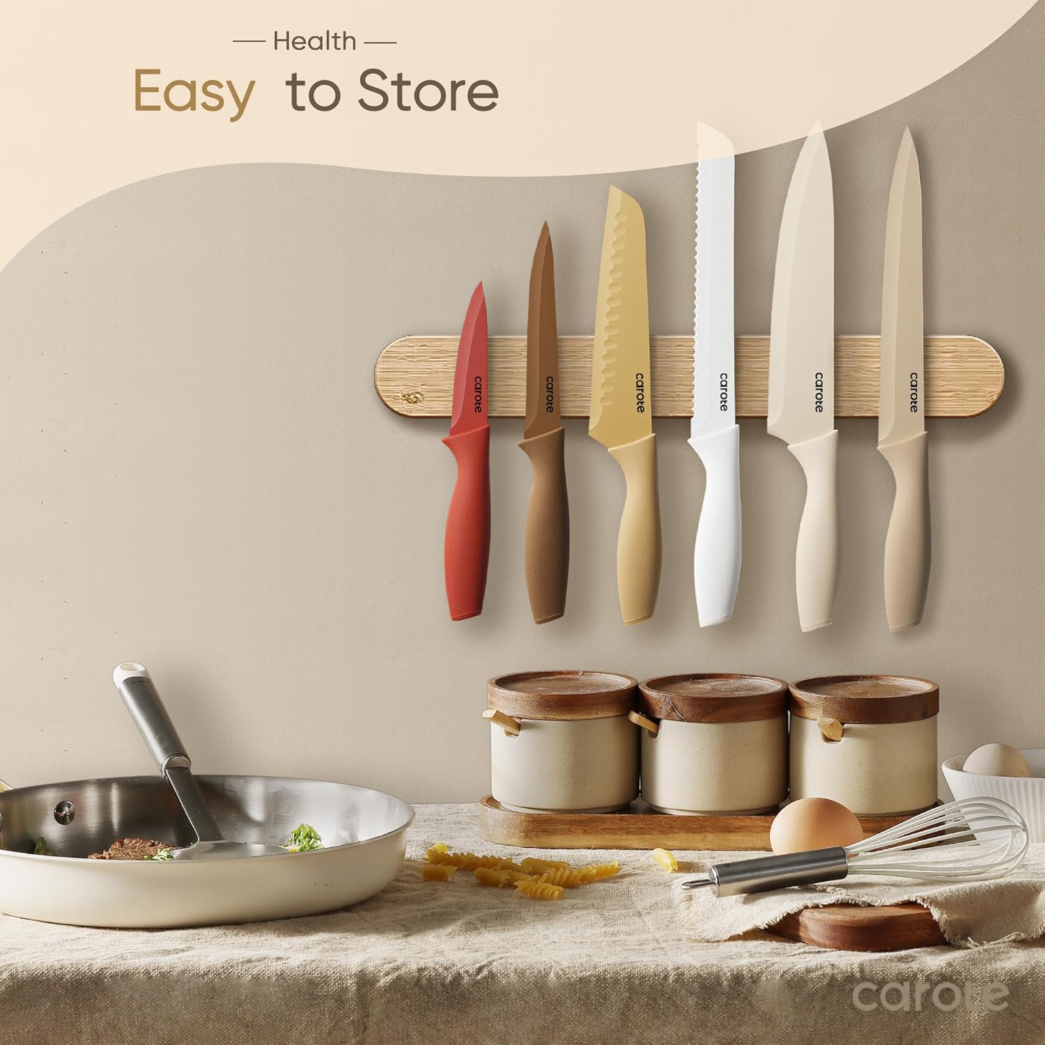 81NBft3sR2L._AC_SL1500_.jpg CAROTE 12 Pieces Kitchen Knife Set, Stainless Steel Knife Set With Nonstick Ceramic Coating, Dishwasher Safe with 6 Blade Guards, Rustproof, Brown - Image 3