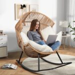 Shintenchi Wicker Egg Chair,Oversized Outdoor Indoor Rocking Chair,Large PE Rattan Rocking Chair with Cushion for Patio, Balcony, Backyard, Garden, Beige - Image 5