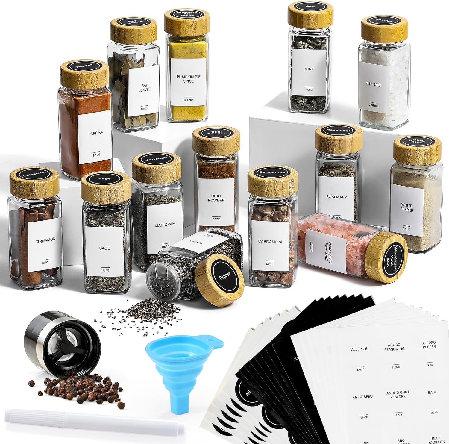 81Pgo9EF3qL._AC_SL1500_.jpg AOZITA 14 Pcs Spice Jars with Bamboo Lids - 4oz Square Spice Bottles with Spice Labels, Shaker Lids, Funnel - Image 3