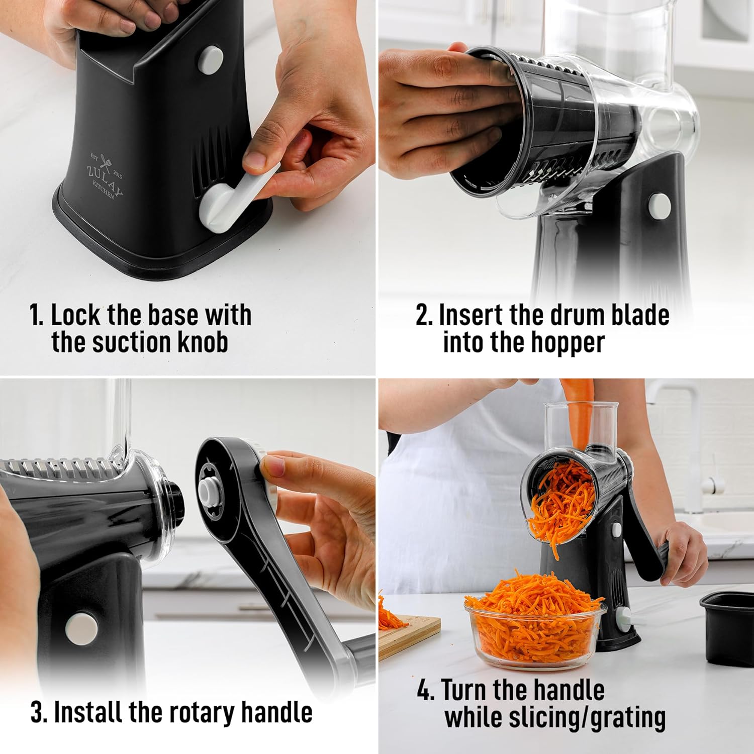 81RZKhDRFHL._AC_SL1500_.jpg Zulay Kitchen Rotary Cheese Grater 5 Blade Cheese Shredder - Manual Hand Crank Cheese Grater With Reinforced Suction & 5 Interchangeable Drums - Easy to Use, Vegetable Chopper Round Mandoline Slicer - Image 10