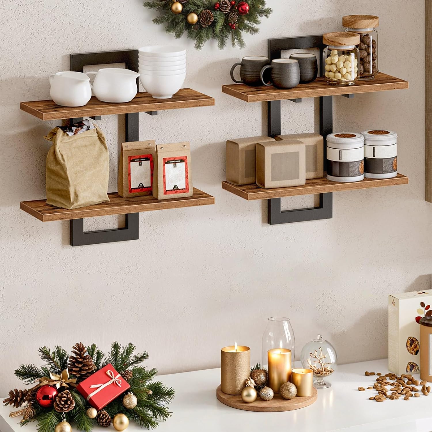 81SUsSHrOBL._AC_SL1500_.jpg HOOBRO Floating Shelves, 15 Inch Wall Shelf Set of 2, Wall Mounted Storage Shelves 2-Tier, Hanging Bathroom Shelves, for Living Room, Bedroom, Bathroom, Kitchen, Rustic Brown and Black BF32BJ01 - Image 10