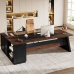 Tribesigns 78" L-Shaped Executive Desk, Large Office Desk with Drawers and Lateral File Cabinet, Business Furniture with Storage Shelves, Modern Computer Desk for Home Office, Walnut & Black - Image 2