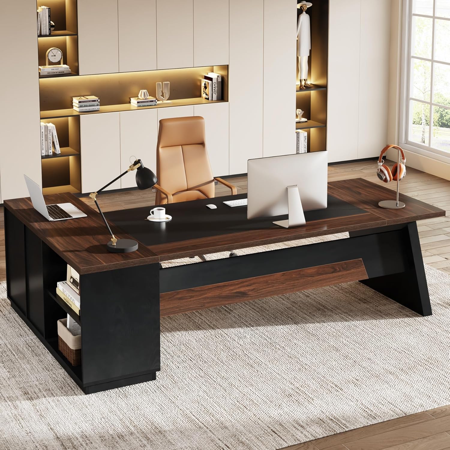 81SiPMEvgQL._AC_SL1500_.jpg Tribesigns 78" L-Shaped Executive Desk, Large Office Desk with Drawers and Lateral File Cabinet, Business Furniture with Storage Shelves, Modern Computer Desk for Home Office, Walnut & Black - Image 2
