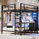DICTAC Full Over Twin Bunk Bed with Desk and Charging Station Metal Full Size Over Twin Loft Bed with Led Lights & Storage Shelves and Drawers for Teen,Safety Guard & Stairs,No Box Spring Needed,Black - Image 2