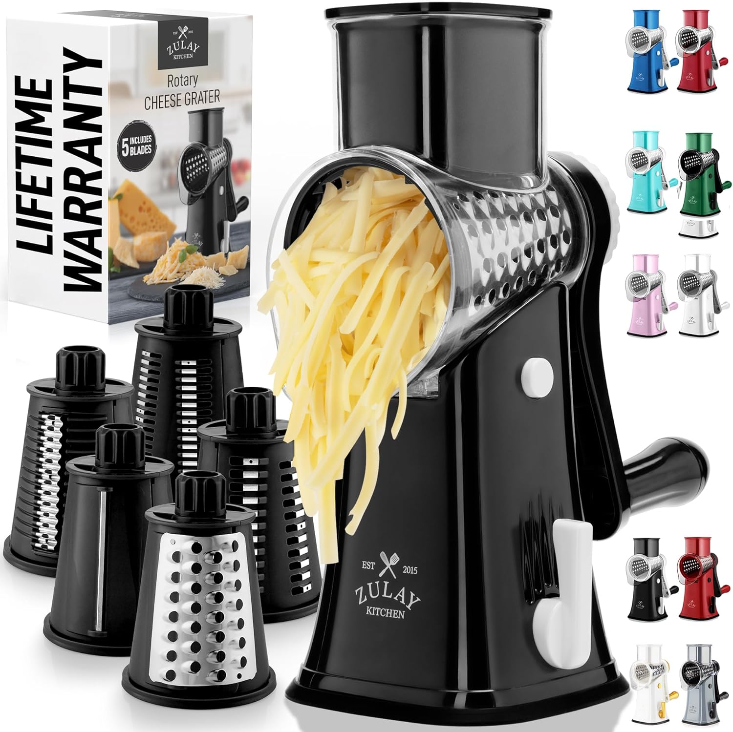 81TyPqsirML._AC_SL1500_.jpg Zulay Kitchen Rotary Cheese Grater 5 Blade Cheese Shredder - Manual Hand Crank Cheese Grater With Reinforced Suction & 5 Interchangeable Drums - Easy to Use, Vegetable Chopper Round Mandoline Slicer - Image 2