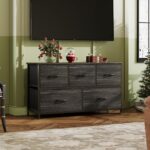 WLIVE Dresser for Bedroom with 5 Drawers, Wide Chest of Drawers, Fabric Dresser, Storage Organizer Unit with Fabric Bins for Closet, Living Room, Hallway, Charcoal Black Wood Grain Print - Image 3