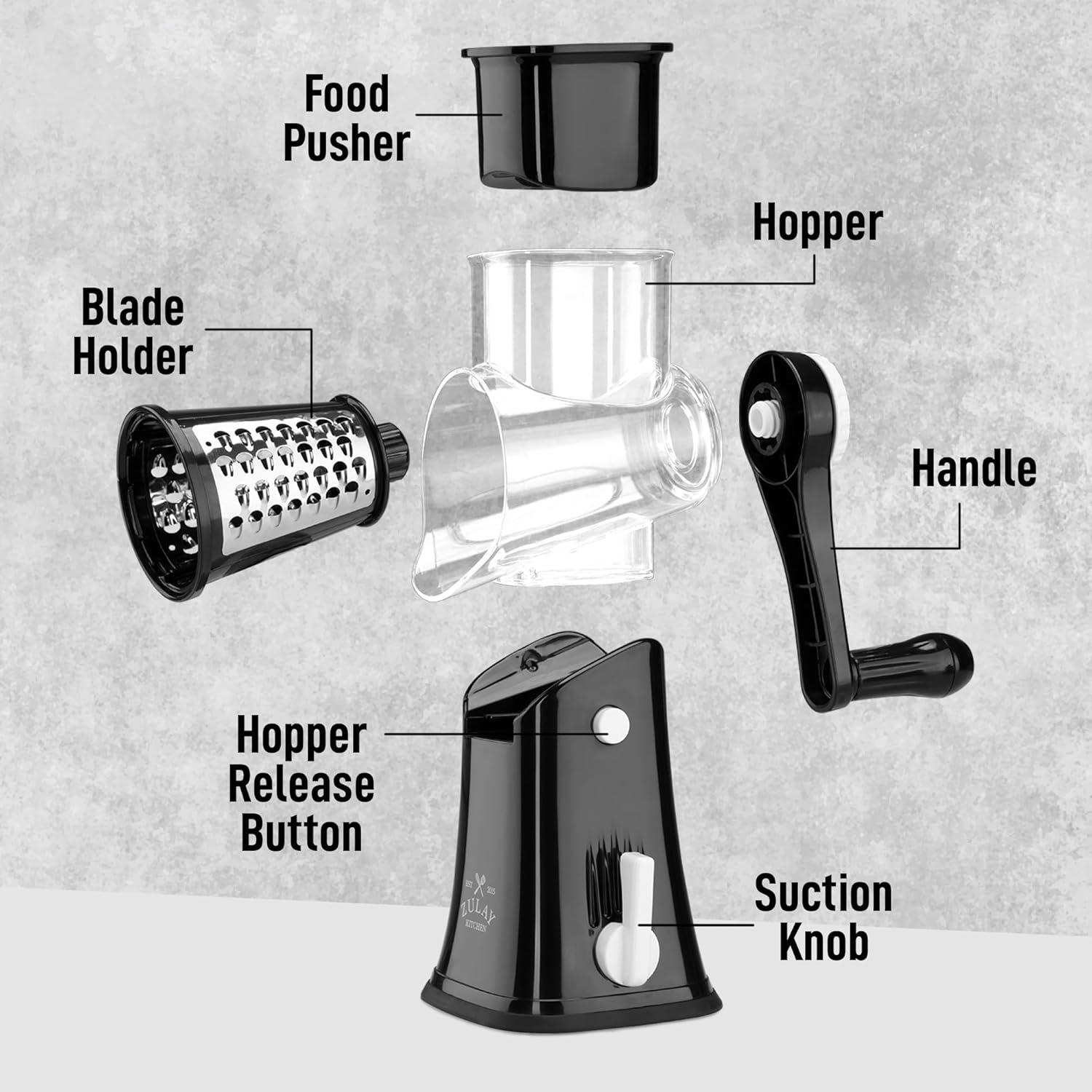 81WZSUg4L._AC_SL1500_.jpg Zulay Kitchen Rotary Cheese Grater 5 Blade Cheese Shredder - Manual Hand Crank Cheese Grater With Reinforced Suction & 5 Interchangeable Drums - Easy to Use, Vegetable Chopper Round Mandoline Slicer - Image 9