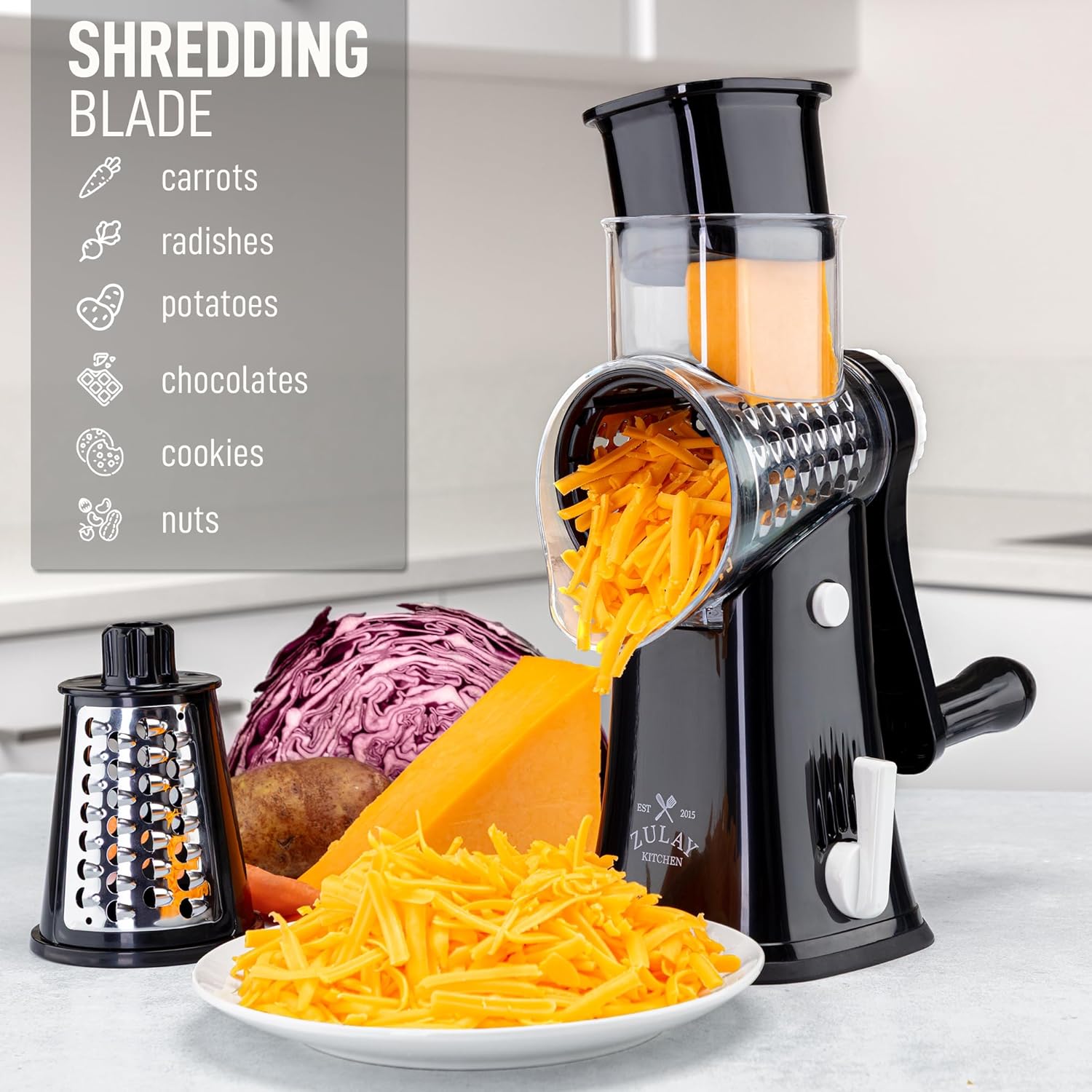 81WbsQ6xj5L._AC_SL1500_.jpg Zulay Kitchen Rotary Cheese Grater 5 Blade Cheese Shredder - Manual Hand Crank Cheese Grater With Reinforced Suction & 5 Interchangeable Drums - Easy to Use, Vegetable Chopper Round Mandoline Slicer - Image 4