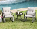 COSIEST 3 Piece Bistro Set Patio Rocking Chairs Outdoor Furniture w Warm Gray Cushions, Glass-Top Table for Garden, Pool, Backyard - Image 4