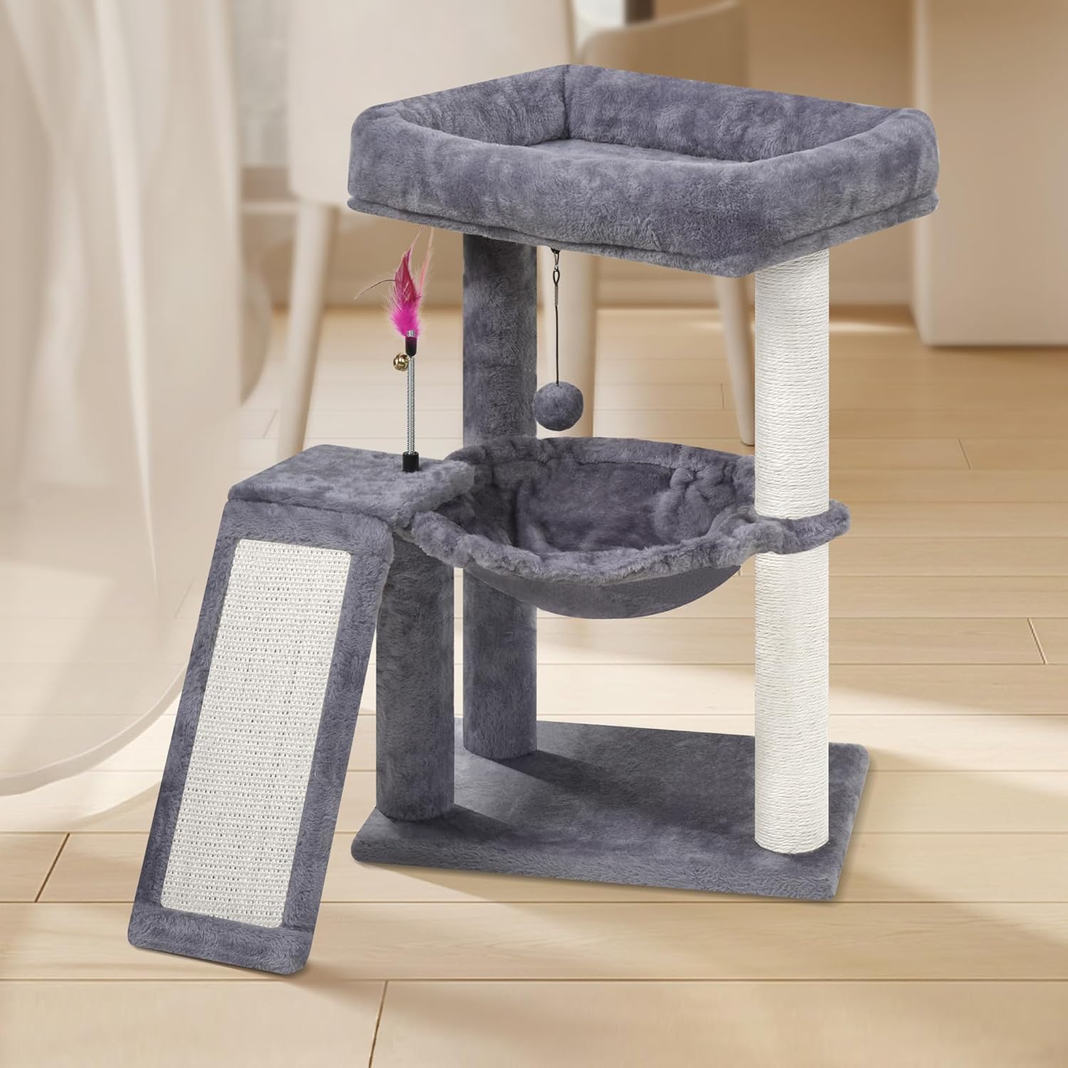 81YNDfhW-QL._AC_SL1500_.jpg YOUPET Cat Tree with Cat Scratching Post for Indoor Cats, Cat Tower with Scratching Board and Playful Toy Balls, Cat Tree Tower with Cozy Hammock,Grey - Image 8