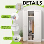 Armoire Wardrobe Closet with Doors, 71'' Wardrobe Cabinet with Hanging Rod, Metal Closet with 2 Adjustable Shelves for Bedroom School, Employee, Gym, Armarios De Ropa para Dormitorio, White - Image 4