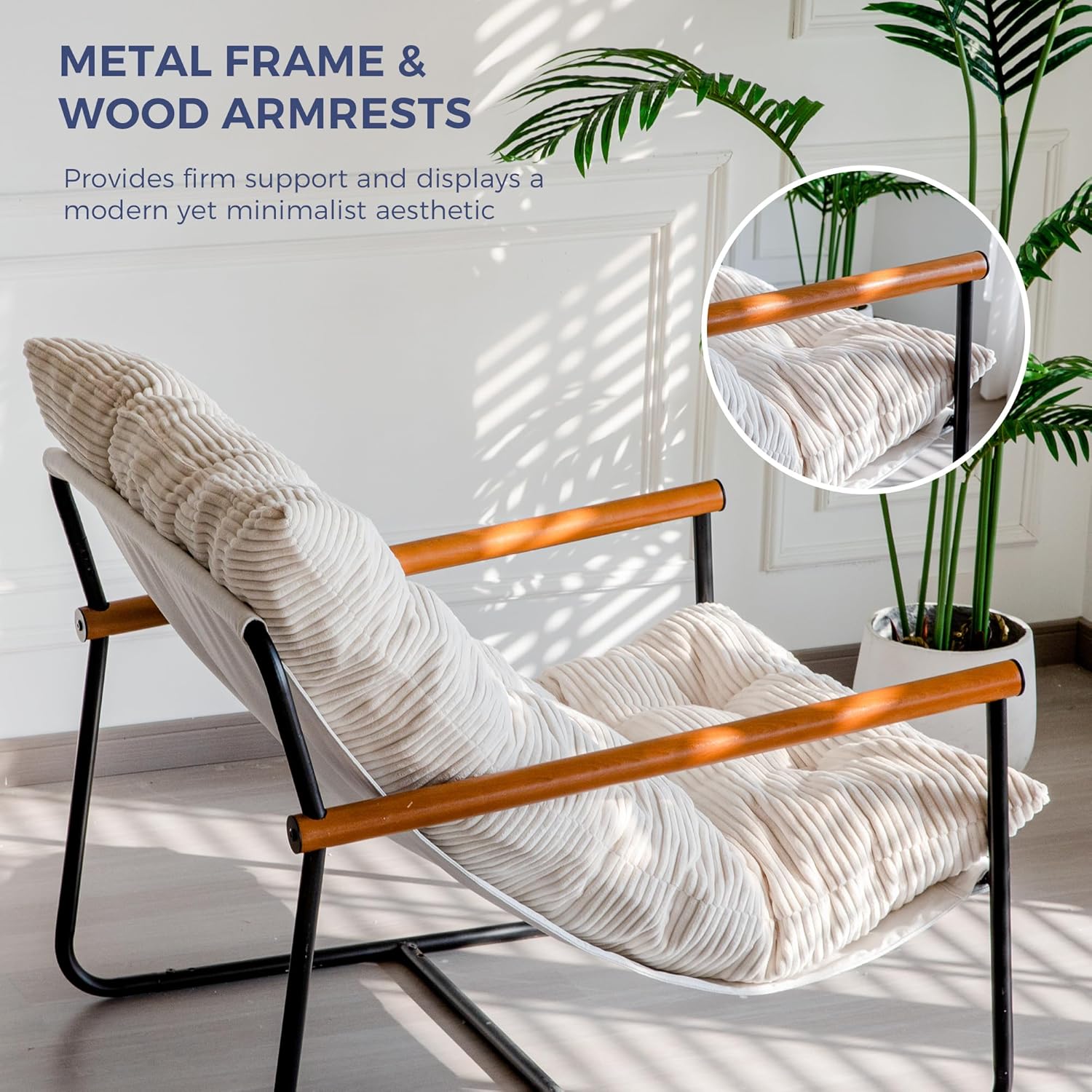 81YyH9Rl4FL._AC_SL1500_.jpg MAXYOYO Modern Accent Chair, Comfy Living Room Chair with Metal Frame Wooden Armrest, Upholstered Armchair with Soft Cushion for Bedroom Balcony Lounge Reading Room, Beige - Image 8