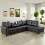 FONTOI Leather Sectional Couch Sofa, Modern Nail-Head Design L Shaped Sectional Sofa for Living Room, 4 Seat L Couch with Cup Holder for Bedroom, Black ZA - Image 4
