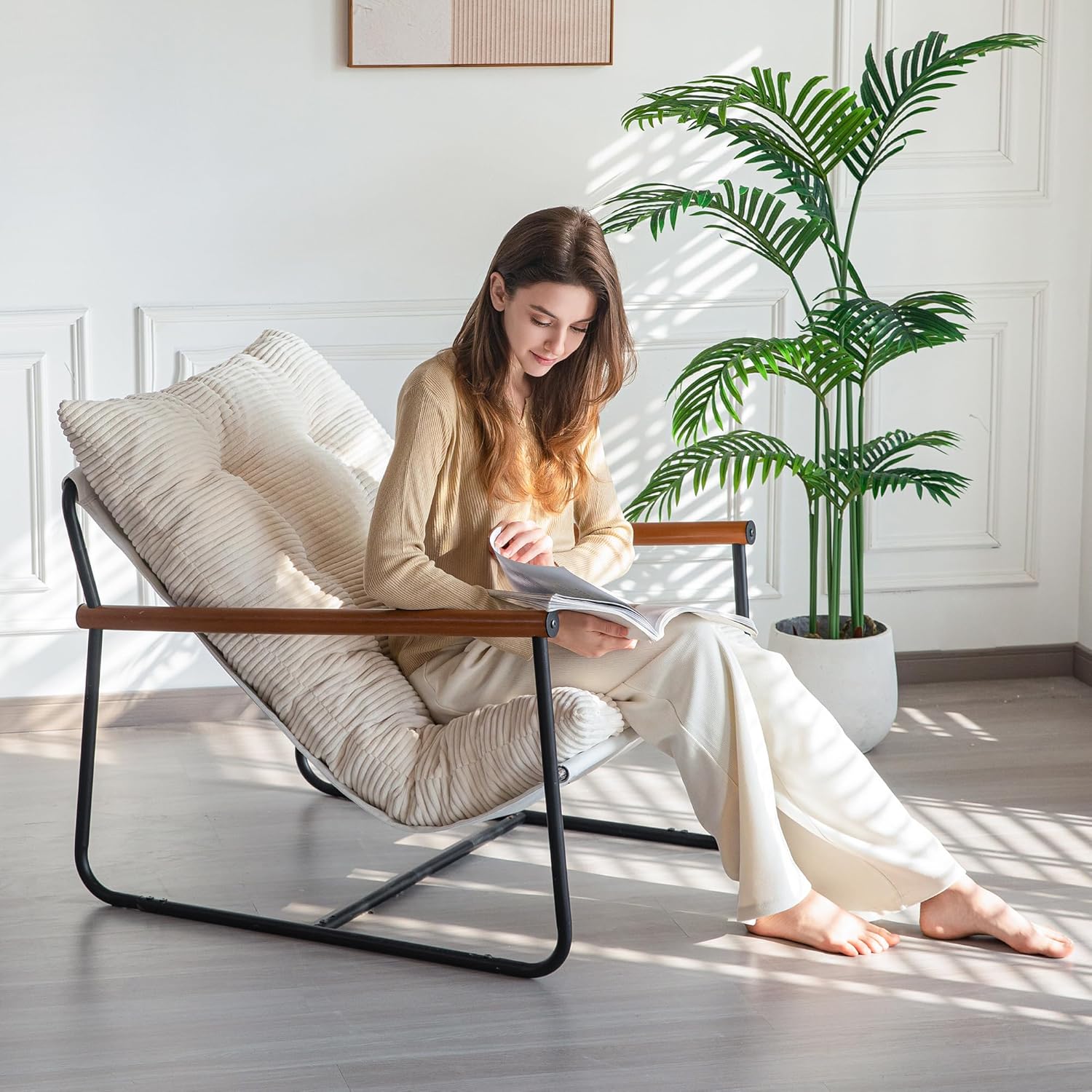 81azWCcXfL._AC_SL1500_.jpg MAXYOYO Modern Accent Chair, Comfy Living Room Chair with Metal Frame Wooden Armrest, Upholstered Armchair with Soft Cushion for Bedroom Balcony Lounge Reading Room, Beige - Image 4