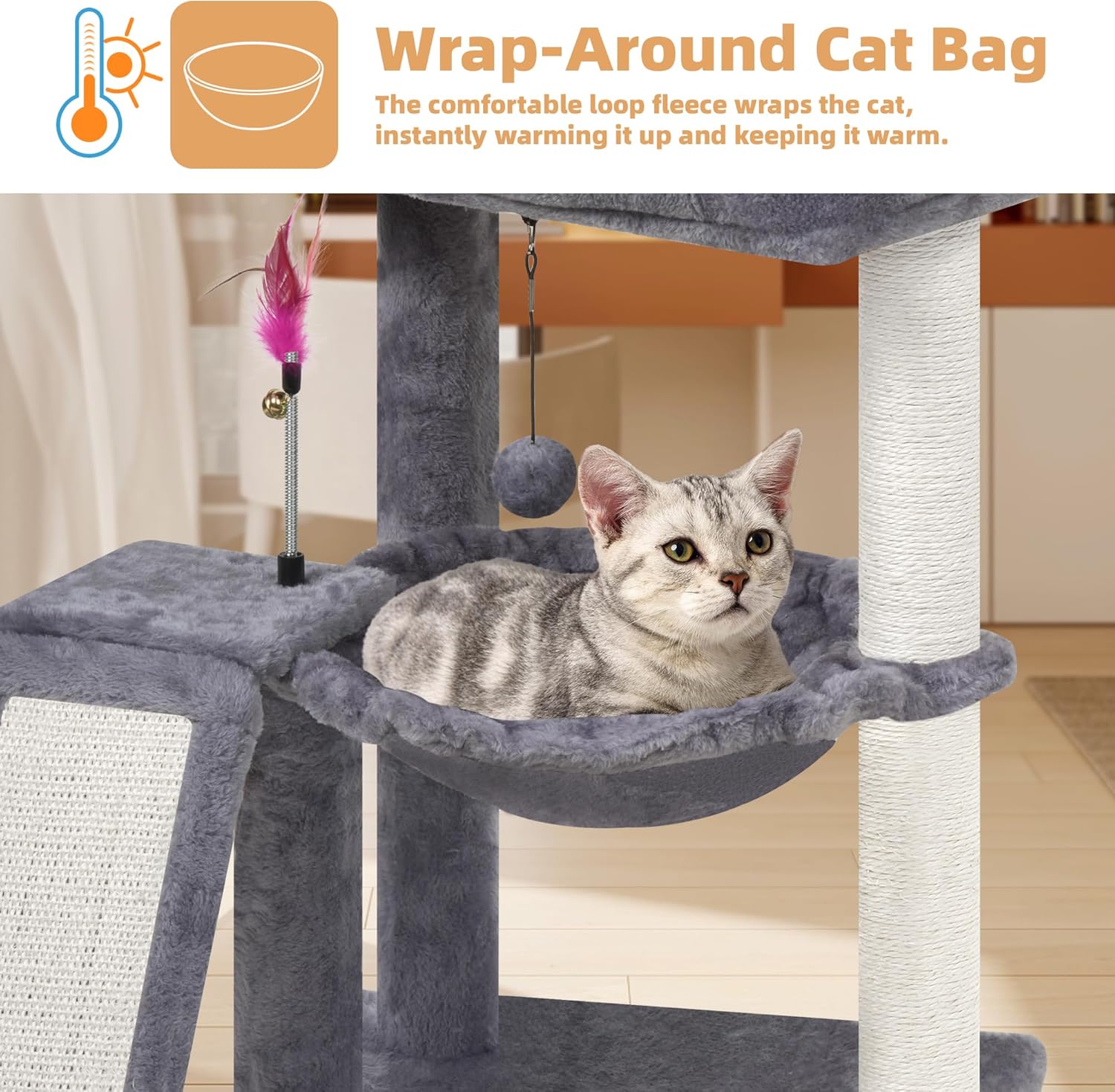 81cCSsnSwwL._AC_SL1500_.jpg YOUPET Cat Tree with Cat Scratching Post for Indoor Cats, Cat Tower with Scratching Board and Playful Toy Balls, Cat Tree Tower with Cozy Hammock,Grey - Image 4