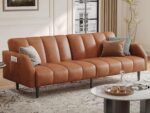 Fadware Faux Leather Couch, Convertible Futon Sofa Bed with Adjustable Backrest, Mid Century Leather Sofa Loveseat with Side Pockets& Metal Leg, Modern Leather Sleeper Sofa for Living Room Bedroom - Image 2