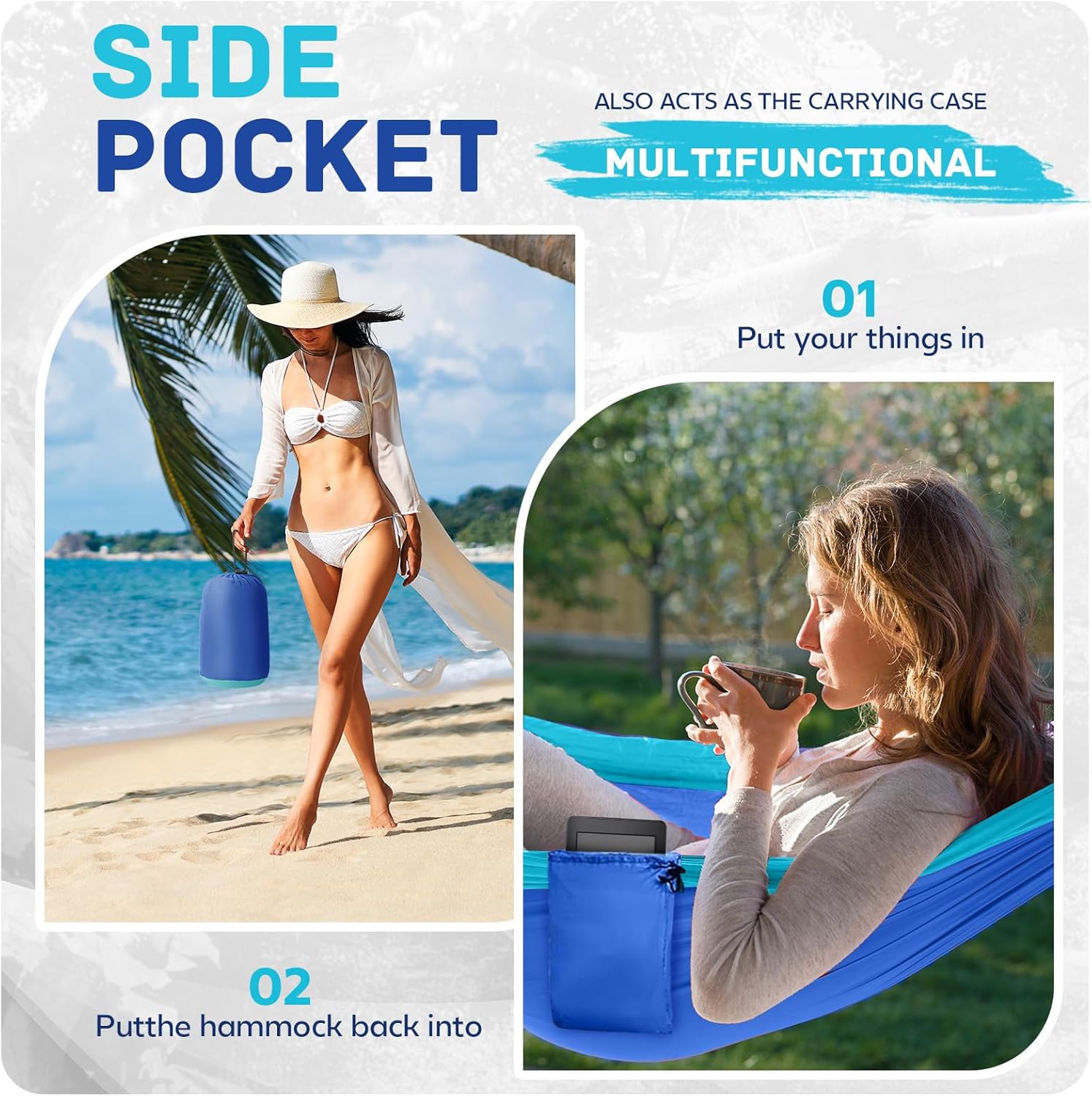 81cpkAwyPuL._AC_SL1500_.jpg Camping Hammock Lightweight, Portable Hammocks Parachute Hammock with Two Tree Straps, Single or Double Travel Swing Nylon Camp Hammocks, Outdoor Essentials for Beach Backpacking Hiking, Blue - Image 6