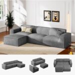 Marsail 111" L-Shape Sofa, Modular Cloud Couches with Deep Seats & High-Back, Corduroy Sectional Sofa for Living Room Bedroom with Ottoman, No Assembly Required, Grey - Image 2