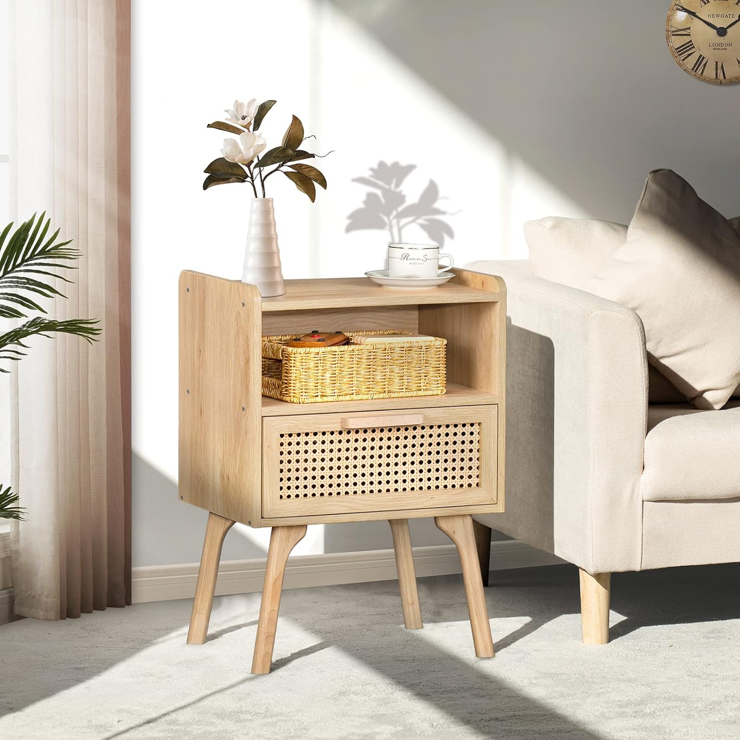 81eis2G1mjL._AC_SL1500_.jpg Lerliuo Rattan Nightstand, Boho Side Table with Drawer Open Shelf, Cane Accent Bedside End Table with Solid Wood Legs for Bedroom, Dorm and Small Spaces (Natural) - Image 3