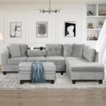 Merax Modern Sectional Sofa with Storage Ottoman, L Shaped Couch with 2 Pillows and 2 Cup Holders, Polyester Sectional Sofa with Reversible Chaise for Living Room, Home Office (Gray) - Image 4