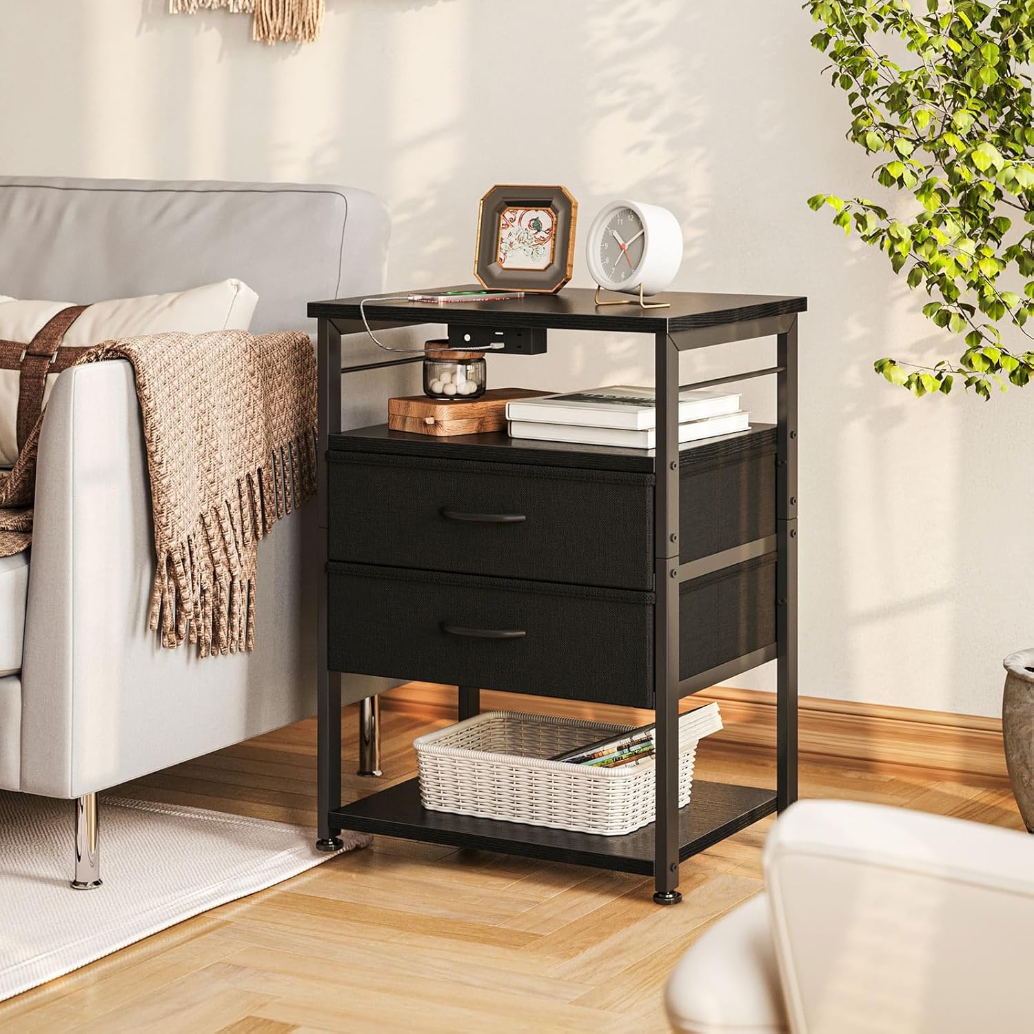 81hsJn7yj6L._AC_SL1500_.jpg AODK Night Stand with Charging Station, End Table for Bedroom Tall Nightstand with Drawers, Small Nightstand for Bedroom, 4 Tier Storage Bedside Table, Black - Image 7