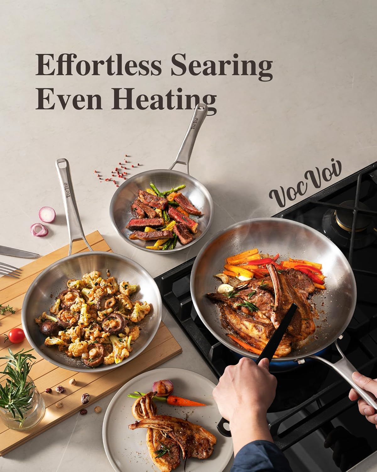 81kTYwZdFJL._AC_SL1500_.jpg 12 inch Tri-Ply Stainless Steel Frying Pan with LID,PFOA&PTFE Free Skillets,Chef's Pans,Dishwasher and Oven Safe Cookware, Works on Induction,Ceramic and Gas Cooktops - Image 5