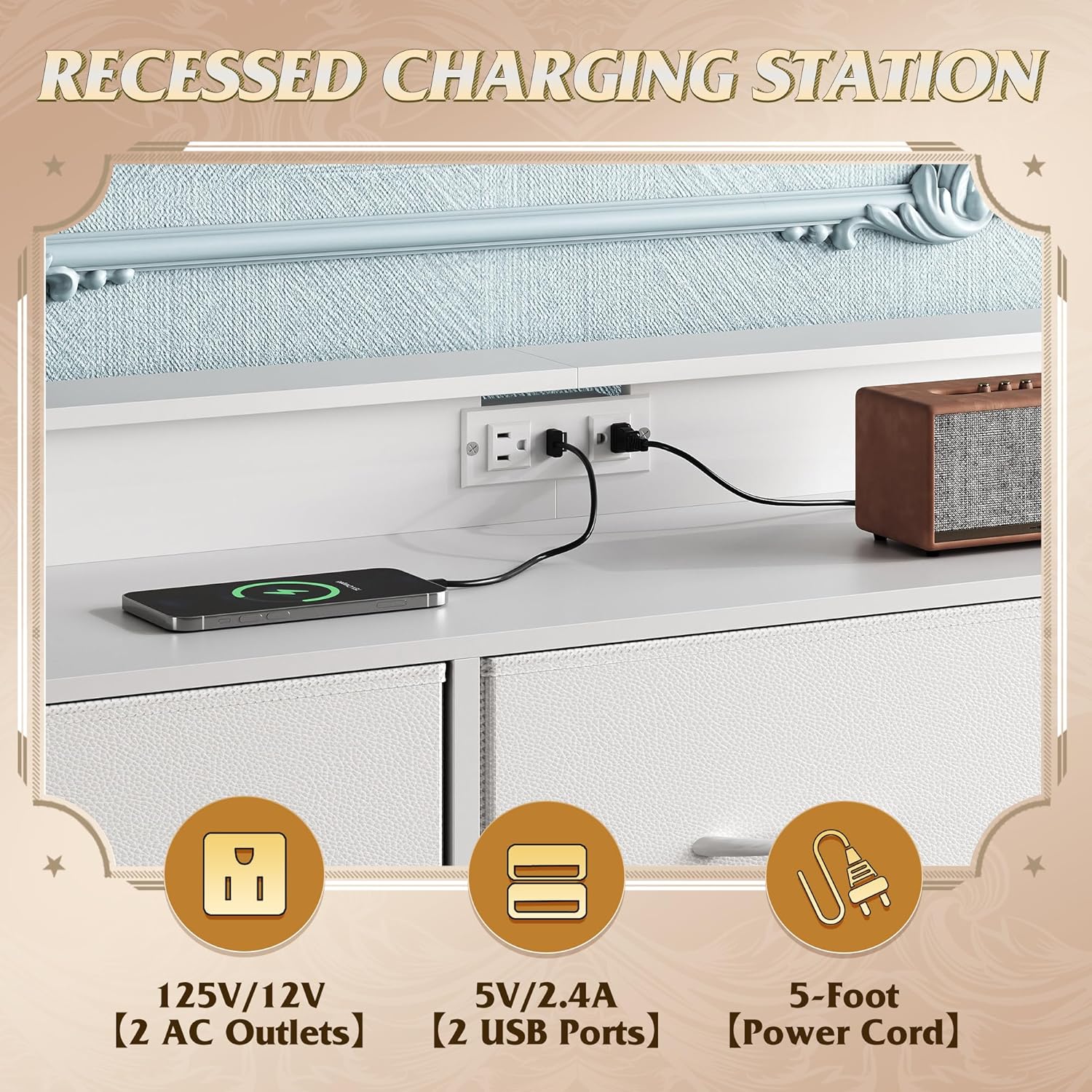 81kdOYcmCZL._AC_SL1500_.jpg WLIVE White TV Stand for 45, 50, 55 inch TV, Entertainment Center with LED Lights & Charging Station, TV Media Console Table with 9 Fabric Drawers and Open Shelves for Living Room, Hallway, Wood Top - Image 6