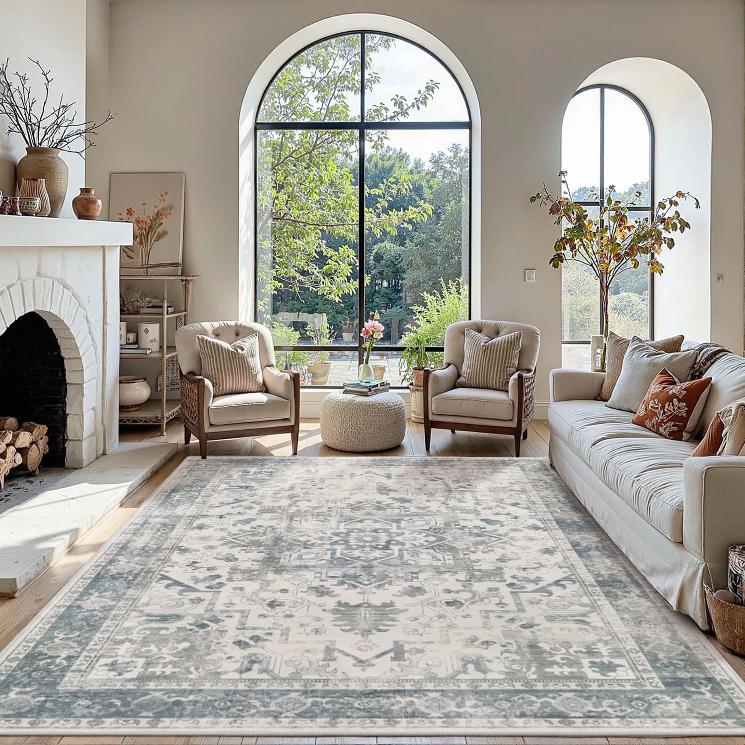 81kpvmFPwHL._AC_SL1500_.jpg Area Rugs 5x7, Washable Rugs for Living Room, Vintage Boho Light Blue Rug for Office, Dining Room, Kids Room and Farmhouse, Durable Low Pile Non-Slip Area Rug for High Traffic Areas - Image 4