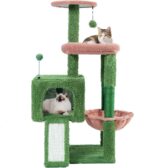 TWDEPART 37.5" All-in-One Cat Tree Tower with Scratching Board & Posts Cozy Sleeping Perch Hammock and Toy Balls, Green - Image 3