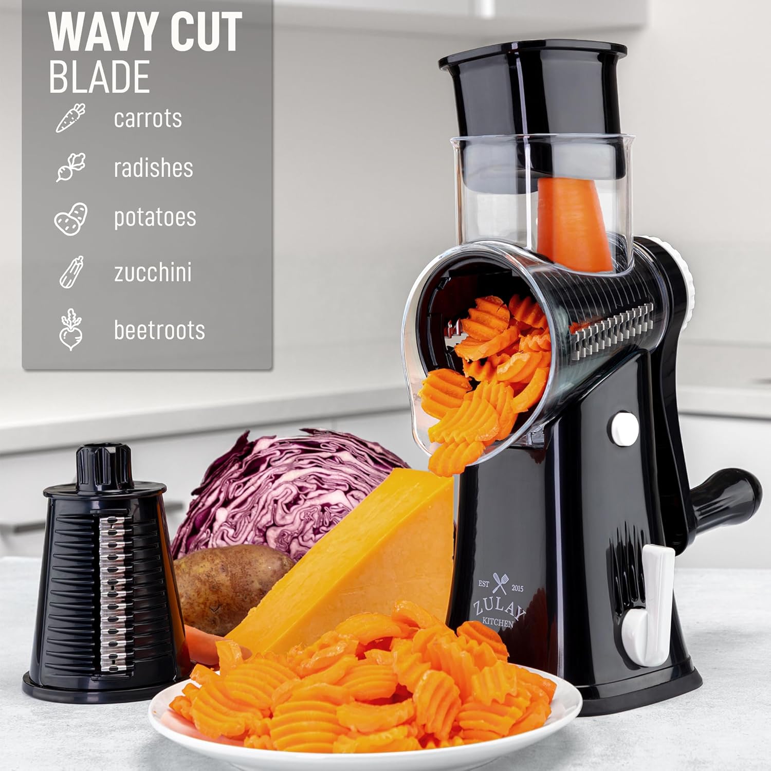 81lmRWFDpEL._AC_SL1500_.jpg Zulay Kitchen Rotary Cheese Grater 5 Blade Cheese Shredder - Manual Hand Crank Cheese Grater With Reinforced Suction & 5 Interchangeable Drums - Easy to Use, Vegetable Chopper Round Mandoline Slicer - Image 5