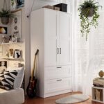 Wood White Wardrobe Closet with 2 Doors and 2 Drawers，Bedroom Freestanding Armoire Storage Cabinet with Shelves，Wooden Wardrobe Combination for Hanging Clothes (White 2 Drawers) - Image 2