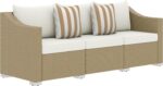 Outsunny 3 Seater Patio Sofa, Wicker Sofa with Cushions, Outdoor Furniture Rattan Couch with 2 Throw Pillows, Deep Seating, for Garden, Backyard, Porch, Cream White - Image 2
