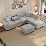 Merax Modern Sectional Sofa with Storage Ottoman, L Shaped Couch with 2 Pillows and 2 Cup Holders, Polyester Sectional Sofa with Reversible Chaise for Living Room, Home Office (Gray) - Image 2