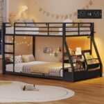 ADORNEVE Low Bunk Bed Twin Over Twin with Storage Bookshelves, 2 Drawers & Power Outlet, LED Metal Floor Bunk with Full-Length Guardrail & Metal Slats, No Box Spring Needed, for Kids, Black - Image 2