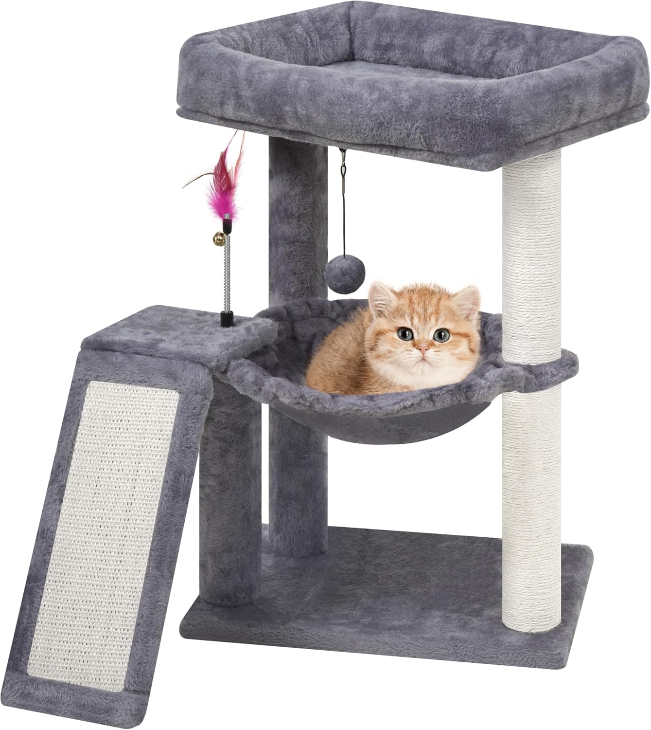 81pirIVy2FL._AC_SL1500_.jpg YOUPET Cat Tree with Cat Scratching Post for Indoor Cats, Cat Tower with Scratching Board and Playful Toy Balls, Cat Tree Tower with Cozy Hammock,Grey - Image 2
