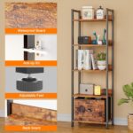 Furologee 5 Tier Bookshelf with Drawer, Tall Narrow Bookcase with Shelves, Wood and Metal Bookshelves Storage Organizer, Industrial Display Standing Shelf Unit for Bedroom, Living Room, Rustic Brown - Image 5