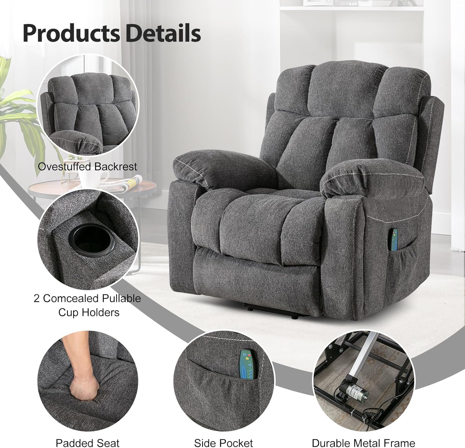 81scMlcXmIL._AC_SL1500_.jpg Phoenix Home Large Power Lift Recliner Chair with Massage and Heat for Elderly, Overstuffed Wide Recliners with 2 Cup Holders, Side Pocket and USB Port, Dark Gray - Image 7