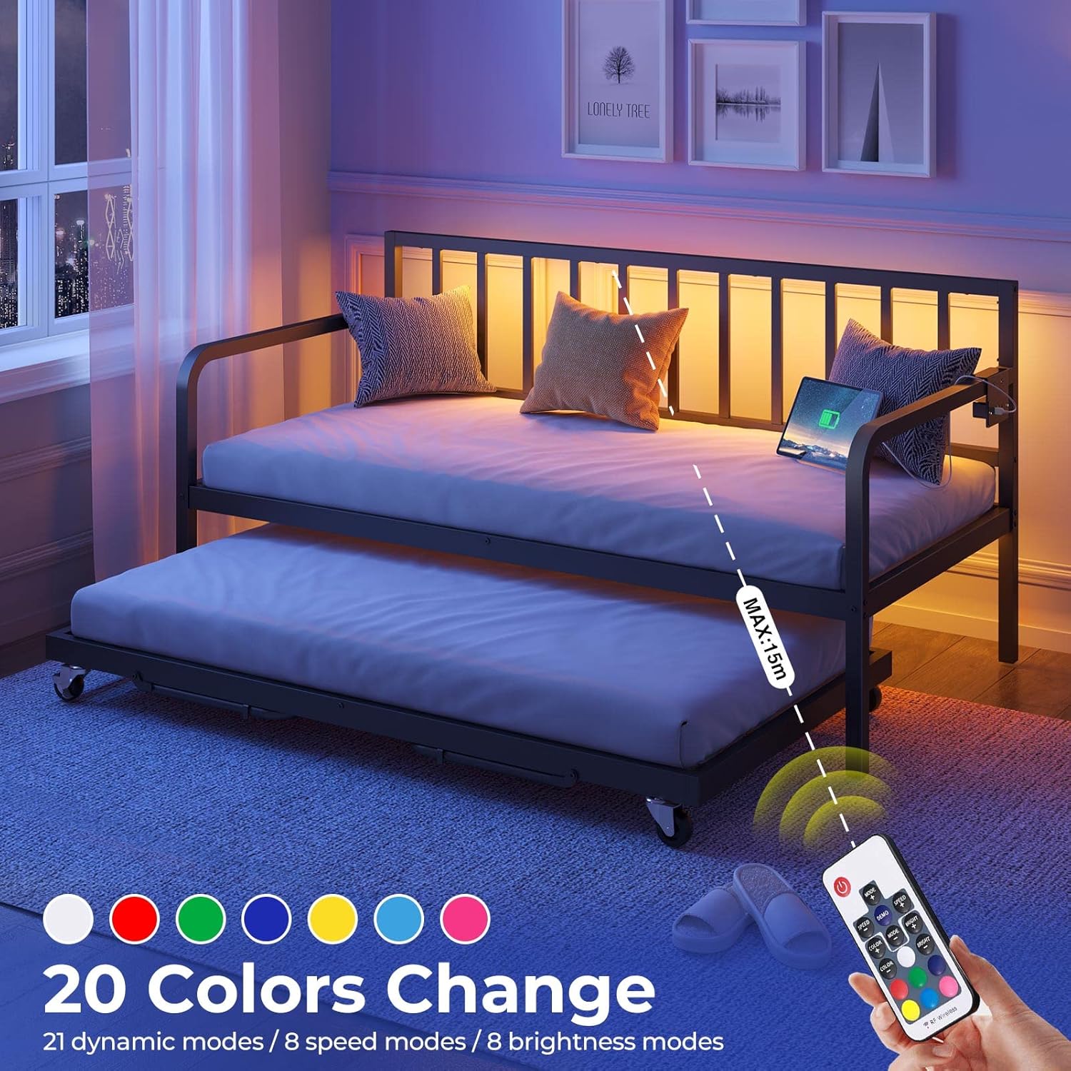 81sh0Votd7L._AC_SL1500_.jpg Rolanstar Daybed with Charging Station and LED Lights, Height Adjustable Twin Daybed with Trundle, Metal Sofa Bed Frame with Steel Slat Support for Living Room, Bedroom and Guest Room, Black - Image 6