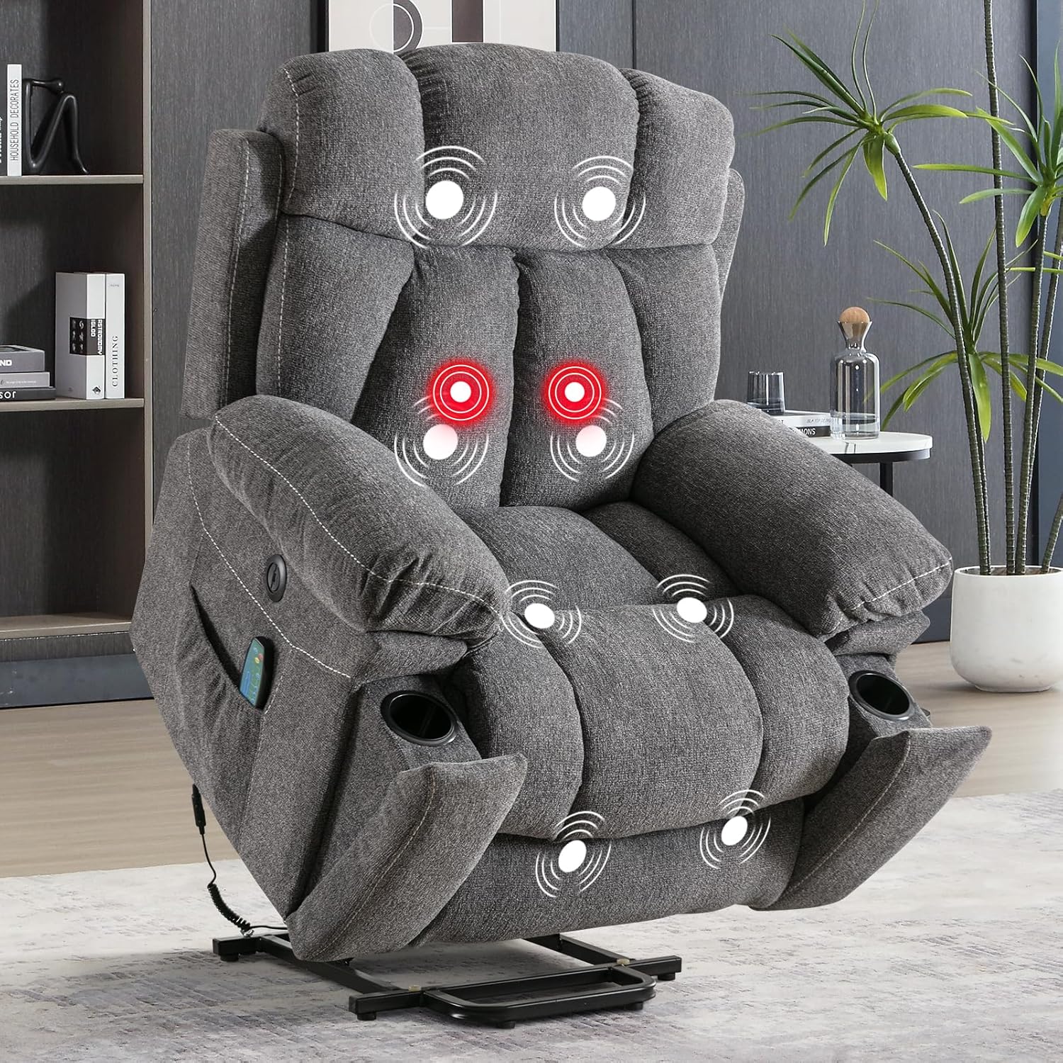 81tHINsGp2L._AC_SL1500_.jpg Phoenix Home Large Power Lift Recliner Chair with Massage and Heat for Elderly, Overstuffed Wide Recliners with 2 Cup Holders, Side Pocket and USB Port, Dark Gray - Image 2