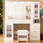 BEWISHOME 49.2" Large Vanity Desk with Mirror and Lights,White Makeup Vanity Table with Glass Top,Stool,Makeup Desk with Power Outlet,5 Drawers,Nightstand,Dressing Table for Bedroom Women FST34W - Image 8