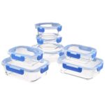 Amazon Basics Glass Food Storage Containers with Locking Lids, Set of 7, 14 pieces including lids, BPA-Free, clear with blue silicone ring - Image 2